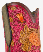 Tops, close: Detail of the tooled prickly pear blossom on the calfskin top of the Cactus Blossom Boot