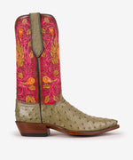 Side view of the Cactus Blossom Ostrich Boot showing the 12-inch hand-tooled top and 1½-inch Western walking heel