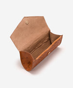 Open brown Catalina clutch showing the interior
