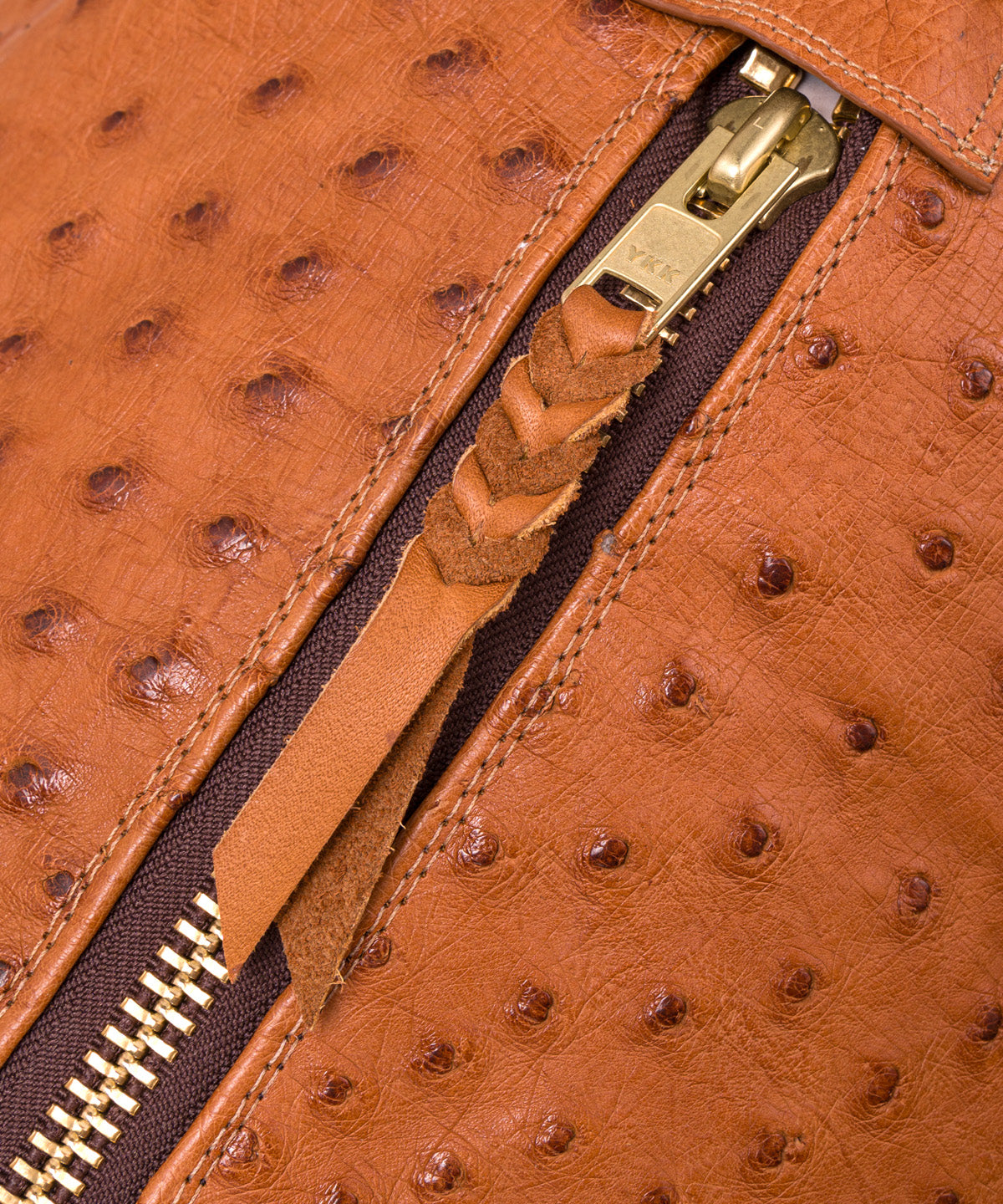 Close view of full quill ostrich leather on the Panhandle Duffel