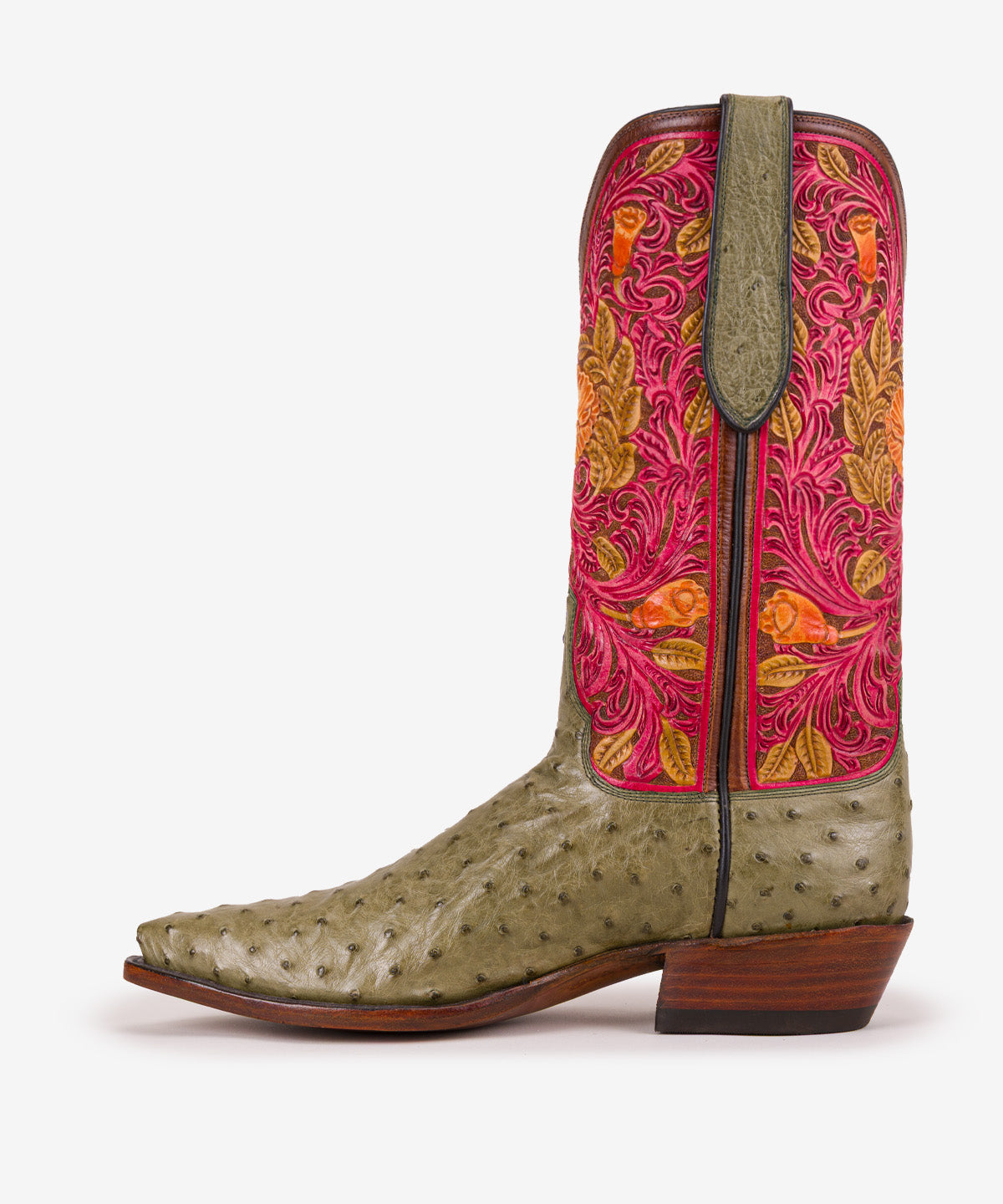 Side view of the Cactus Blossom Ostrich Boot showing the 12-inch hand-tooled top and 1½-inch Western walking heel