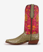 Side view of the Cactus Blossom Ostrich Boot showing the 12-inch hand-tooled top and 1½-inch Western walking heel