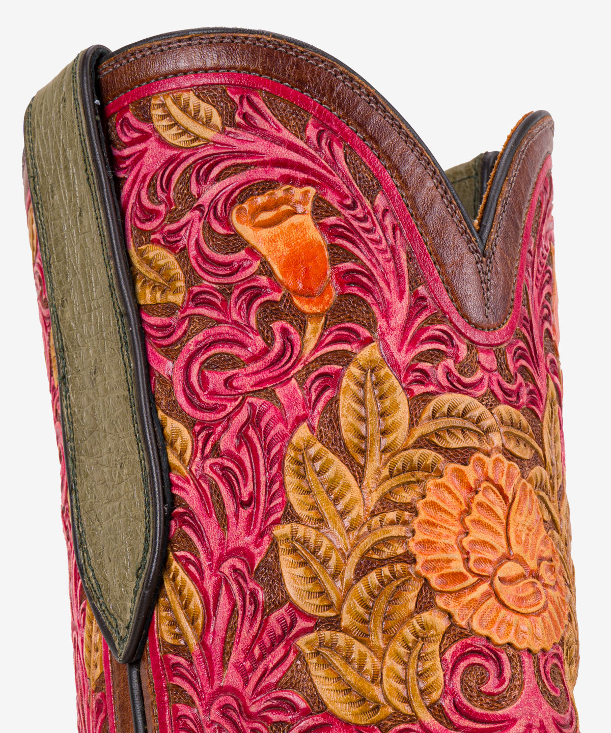 Tops, close: Detail of the tooled prickly pear blossom on the calfskin top of the Cactus Blossom Boot