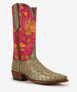 The Cactus Blossom Ostrich Boot worn, showing the hand-tooled top and snip toe