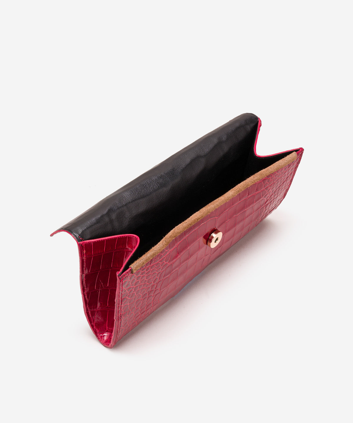Open red Catalina clutch showing the interior