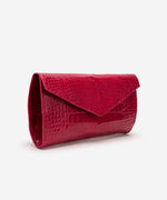 Side view of the red Catalina alligator leather clutch, handmade in Houston, Texas