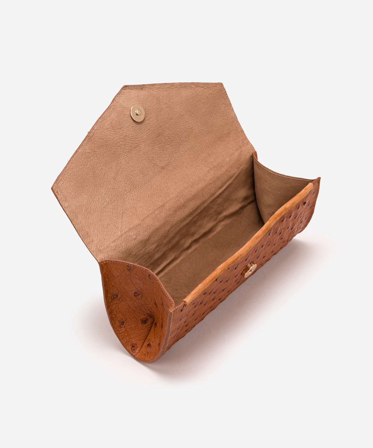 Open brown Catalina clutch showing the interior