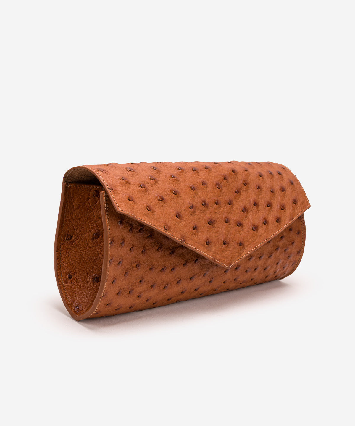 Side view of the brown Catalina ostrich leather clutch, handmade in Houston, Texas