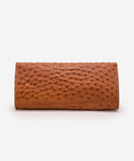 Back view of the brown Catalina ostrich leather clutch, handmade in Houston, Texas