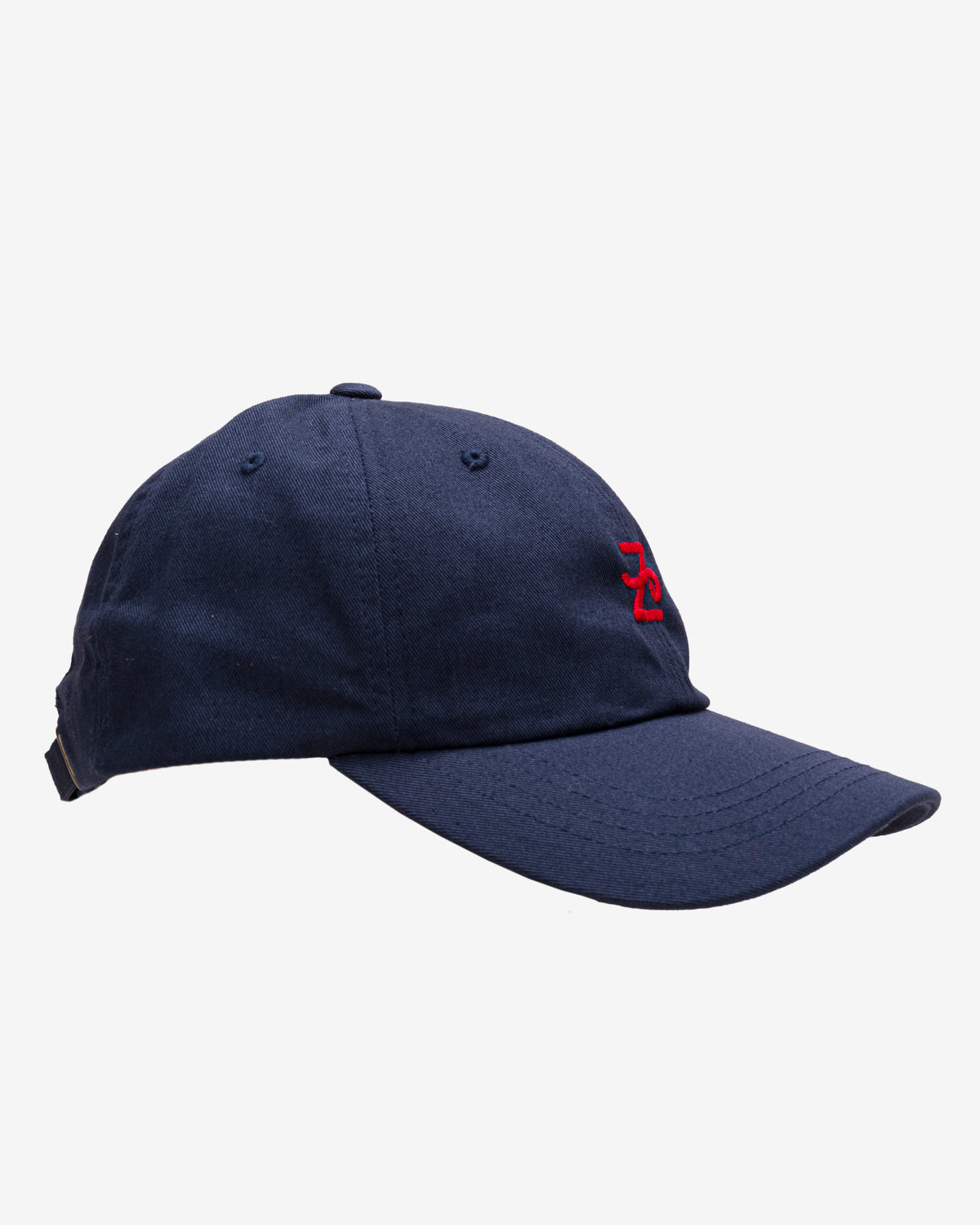 Side view of the navy Flying Z Ball Cap with red detailing, showing the crown and brim