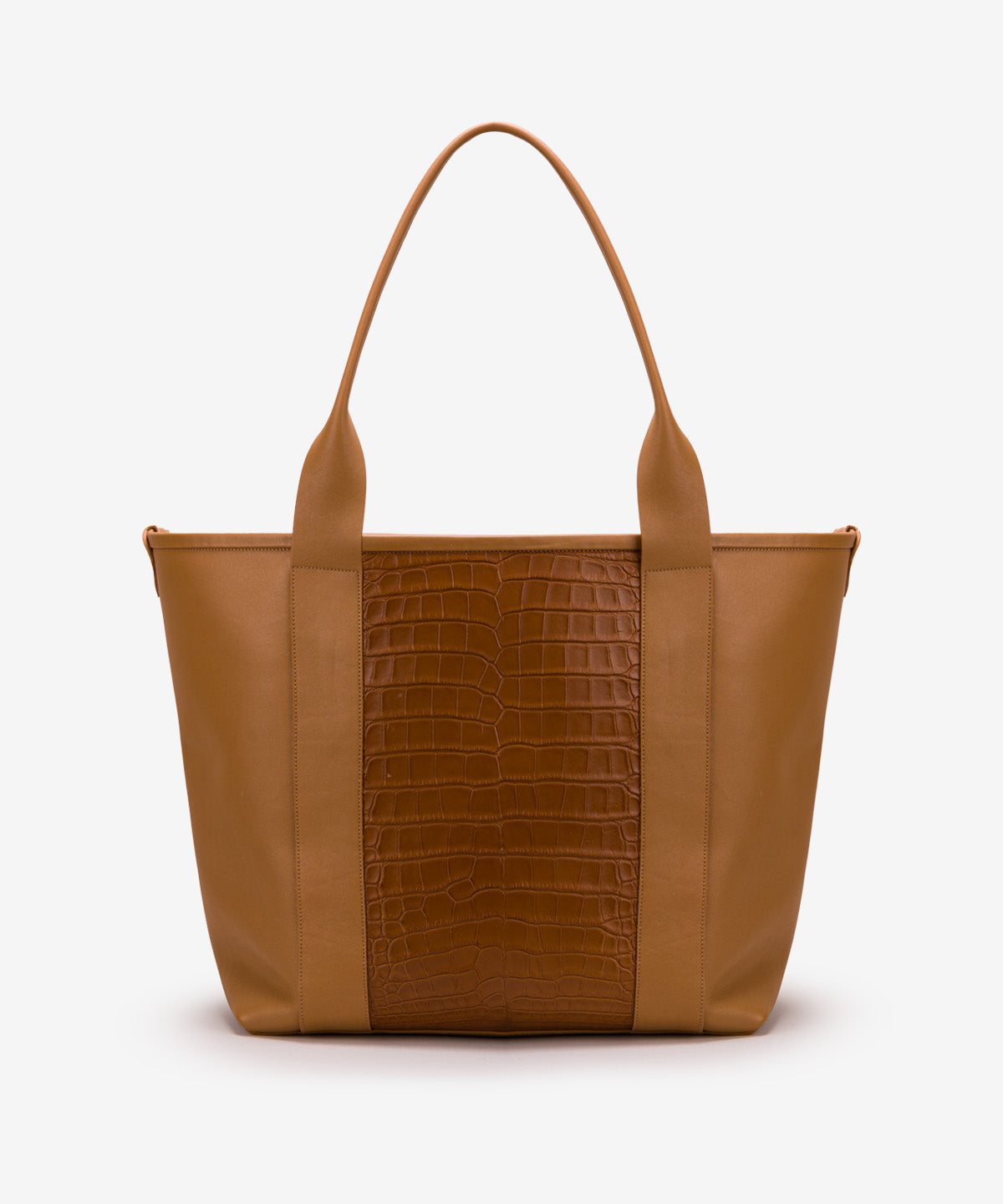 Pecos Exotic Tote Tan in premium calf leather with American alligator accents, handmade in Houston, Texas