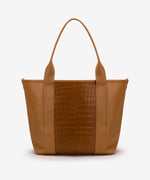 Pecos Exotic Tote Tan in premium calf leather with American alligator accents, handmade in Houston, Texas