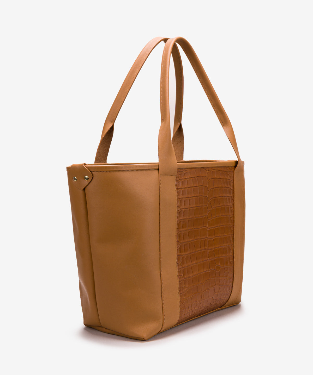 Side view of the Pecos Exotic Tote Tan, showing its structured shape, 21 by 8 by 12 inches