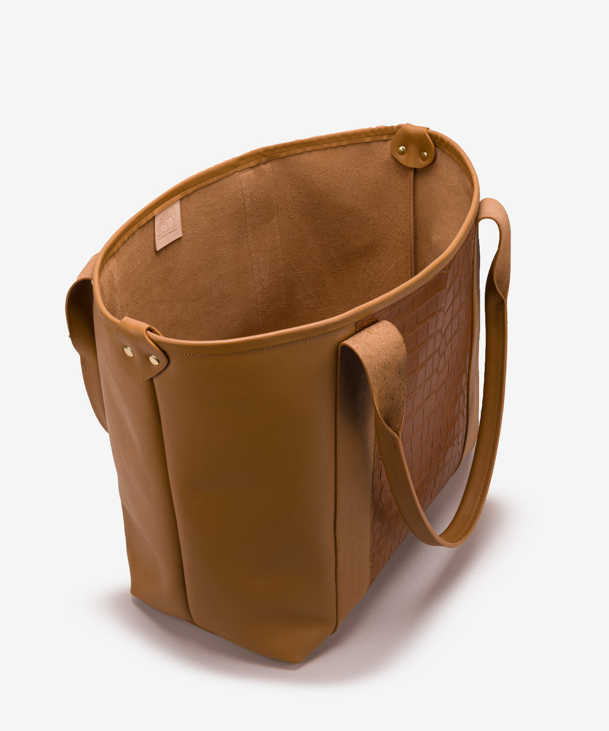 Open interior of the Pecos Exotic Tote, Tan sized for a laptop and daily essentials