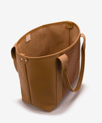 Open interior of the Pecos Exotic Tote, Tan sized for a laptop and daily essentials