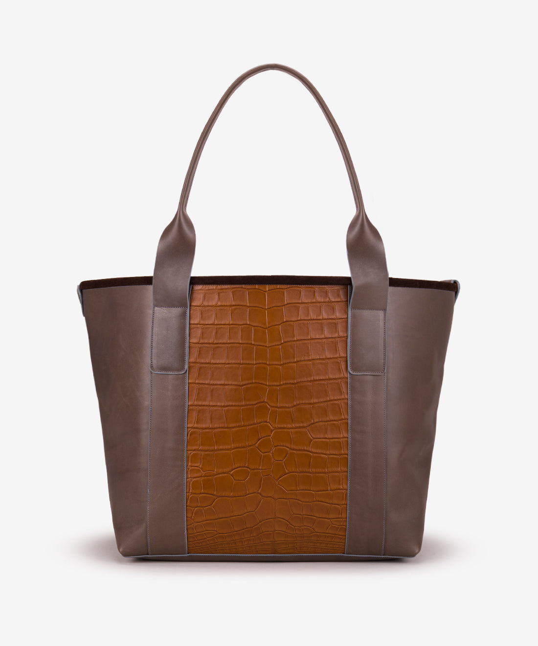 Pecos Exotic Tote in premium calf leather, grey color with American alligator accents, handmade in Houston, Texas